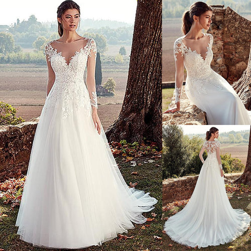 Tulle Jewel Neckline A-line Wedding Dresses With Illusion Back Lace Appliques Long Sleeves Bridal Dress vestido de noche