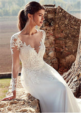 Load image into Gallery viewer, Tulle Jewel Neckline A-line Wedding Dresses With Illusion Back Lace Appliques Long Sleeves Bridal Dress vestido de noche