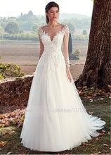 Load image into Gallery viewer, Tulle Jewel Neckline A-line Wedding Dresses With Illusion Back Lace Appliques Long Sleeves Bridal Dress vestido de noche