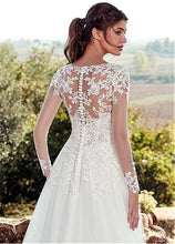 Load image into Gallery viewer, Tulle Jewel Neckline A-line Wedding Dresses With Illusion Back Lace Appliques Long Sleeves Bridal Dress vestido de noche
