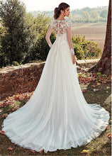 Load image into Gallery viewer, Tulle Jewel Neckline A-line Wedding Dresses With Illusion Back Lace Appliques Long Sleeves Bridal Dress vestido de noche