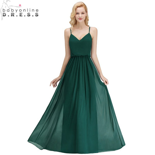 Sexy V Neck Chiffon Long Bridesmaid Dress  Spaghetti Straps Sleeveless Wedding Party Dress Robe Demoiselle D'honneur