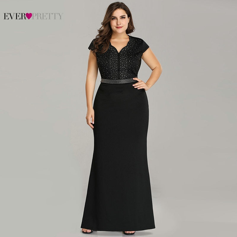 Plus Size Black Evening Gowns Ever Pretty EZ07623 2019 Elegant Mermaid Sparkle V Neck Beaded Long Formal Gowns For Wedding Party