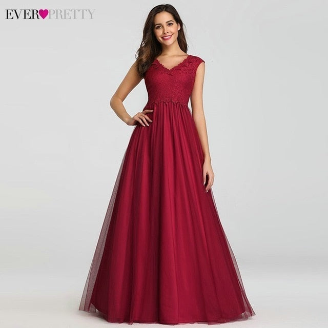 Elegant Prom Dresses Long Burgundy A-Line V-Neck Sleeveless Empire Lace Sexy Vintage Evening Gowns Women Vestidos de Gala 2020
