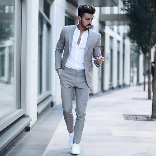 2019 Latest Grey Mens Slim Fit Suits Casual Custom Mens Business Formal Tuxedo Wedding Suits 2 Pieces Costume Homme Jacket Pants