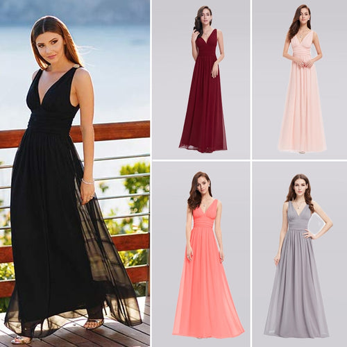 Elegant Long Evening Dresses EB26109 Cheap V-Neck Sleeveless A-line Chiffon 2020 Special Occasion Gowns Vestido Longo De Festa