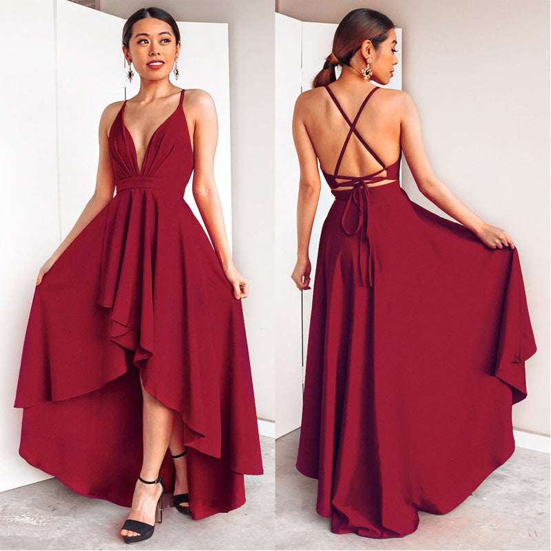 Burgundy Dress For Wedding Party Elegant A Line Deep V Neck Spaghetti Strap High Low Sexy Bridesmaid Dresses With Cross Back