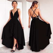 Load image into Gallery viewer, Burgundy Dress For Wedding Party Elegant A Line Deep V Neck Spaghetti Strap High Low Sexy Bridesmaid Dresses With Cross Back