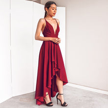 Load image into Gallery viewer, Burgundy Dress For Wedding Party Elegant A Line Deep V Neck Spaghetti Strap High Low Sexy Bridesmaid Dresses With Cross Back