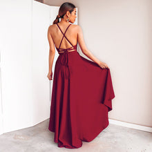 Load image into Gallery viewer, Burgundy Dress For Wedding Party Elegant A Line Deep V Neck Spaghetti Strap High Low Sexy Bridesmaid Dresses With Cross Back