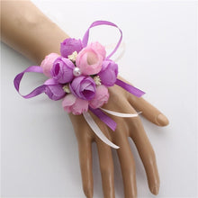 Load image into Gallery viewer, Lovegrace Wedding Bridesmaid Wrist Corsage Bracelet Flower Hand and Boutonnieres Silk Rose Wrist Flower Blue Bouquet Accessories