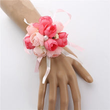 Load image into Gallery viewer, Lovegrace Wedding Bridesmaid Wrist Corsage Bracelet Flower Hand and Boutonnieres Silk Rose Wrist Flower Blue Bouquet Accessories