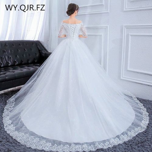 Boat Neck Trailing lace up long wedding party dress plus size Bride Wedding Toast dresses white wholesale women clothing