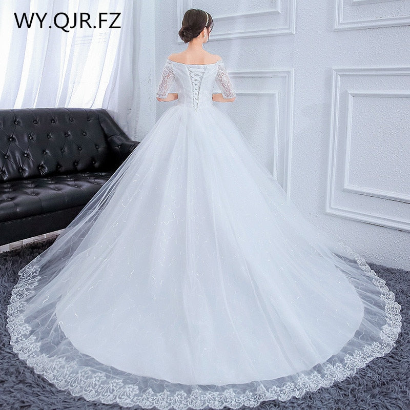 Boat Neck Trailing lace up long wedding party dress plus size Bride Wedding Toast dresses white wholesale women clothing