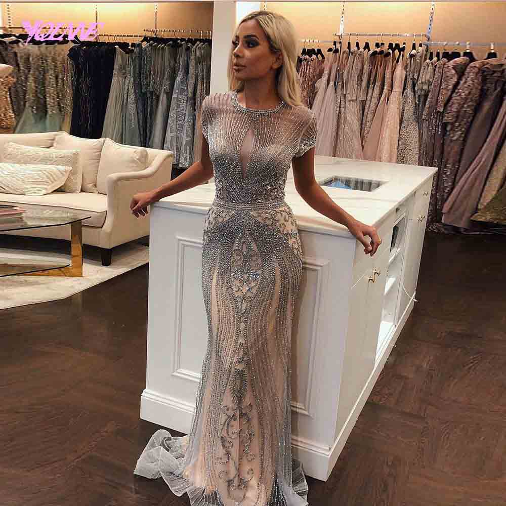 YQLNNE 2020 Luxury Rhinestones Nude Mermaid Evening Dress Long Evening Pageant Dresses Formal Gown robe de soiree