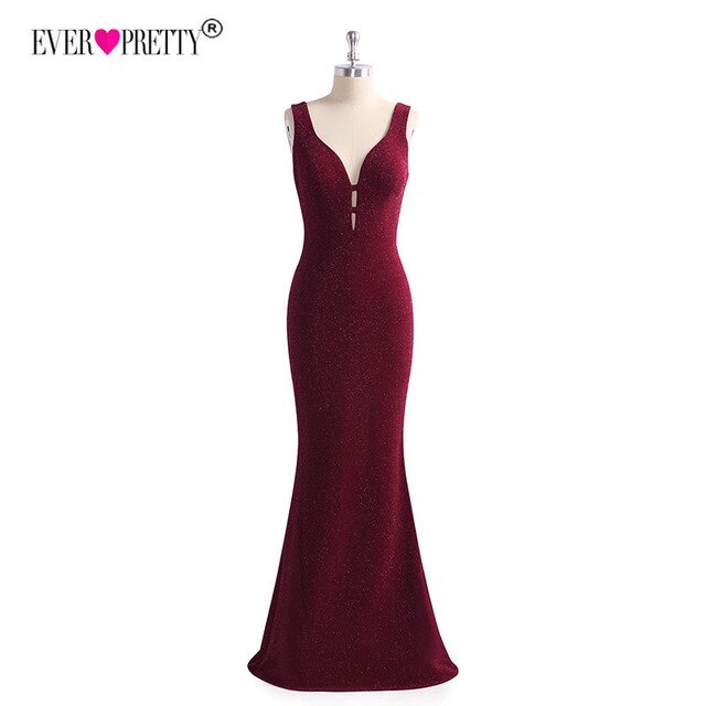 Burgundy Prom Dresses Long 2019 Ever Pretty V-neck Sparkle Sexy Mermaid Sleeveless Formal Dress Women Elegant Evening Party Gown