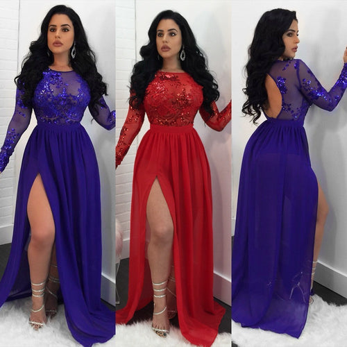 Long Prom Dresses 2020 Women's Sexy Lace Appliques Long Sleeve Chiffon See Through Sequined Sparkle Wedding Guest Party Gowns