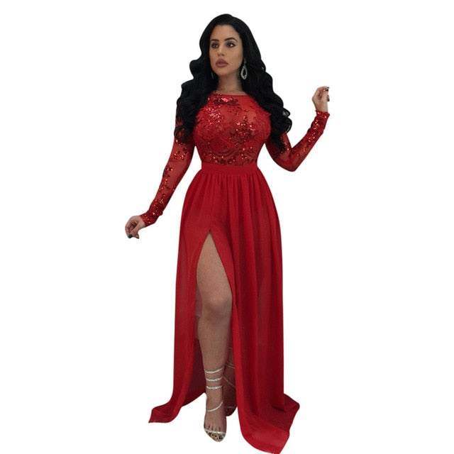 Long Prom Dresses 2020 Women's Sexy Lace Appliques Long Sleeve Chiffon See Through Sequined Sparkle Wedding Guest Party Gowns