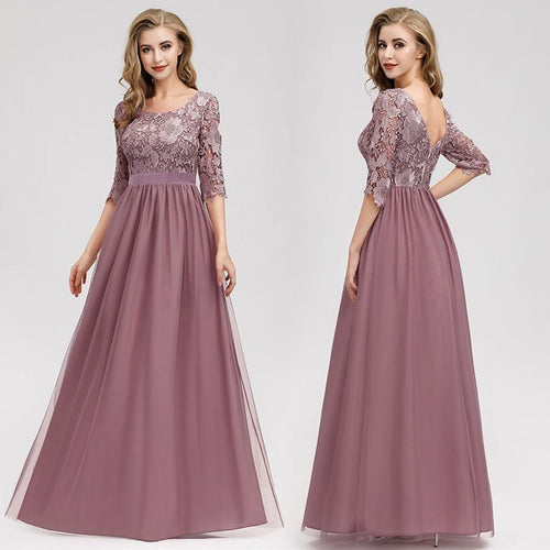 Lace Evening Dresses Long Ever Pretty O-Neck A-Line Half Sleeve Sexy Appliques Elegant Women Evening Gowns Robe De Soiree 2019