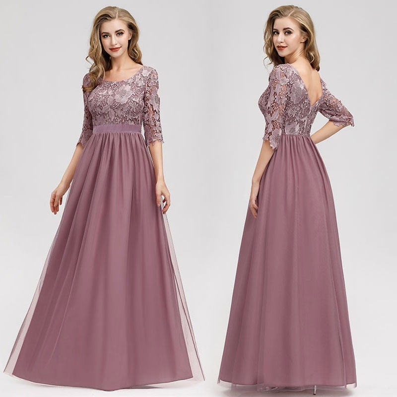 Lace Evening Dresses Long Ever Pretty O-Neck A-Line Half Sleeve Sexy Appliques Elegant Women Evening Gowns Robe De Soiree 2019