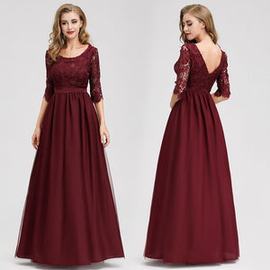 Lace Evening Dresses Long Ever Pretty O-Neck A-Line Half Sleeve Sexy Appliques Elegant Women Evening Gowns Robe De Soiree 2019