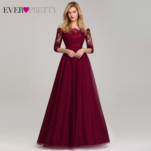 Vintage Burgundy Evening Dresses Long Off the Shoulder Boat Neck Ever Pretty EP07894 2019 Sexy Lace Tulle Elegant Party Gown