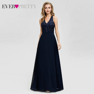 Robe De Soiree 2020 Ever Pretty EZ07605NB Navy Blue Evening Dress Long Elegant A Line V Neck Appliques Beaded Formal Party Gowns