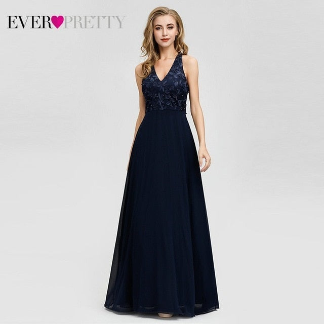 Robe De Soiree 2020 Ever Pretty EZ07605NB Navy Blue Evening Dress Long Elegant A Line V Neck Appliques Beaded Formal Party Gowns