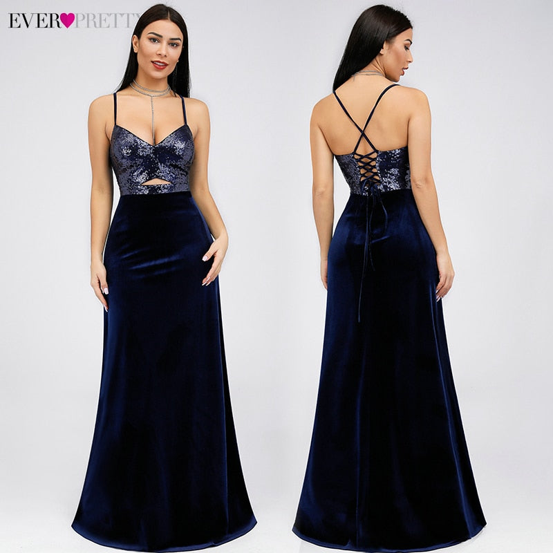 Satin Evening Dresses Long Ever Pretty EP07863 Sequined Sexy Deep V-Neck Hollow Out Backless Formal Occasion Party Gowns 2020
