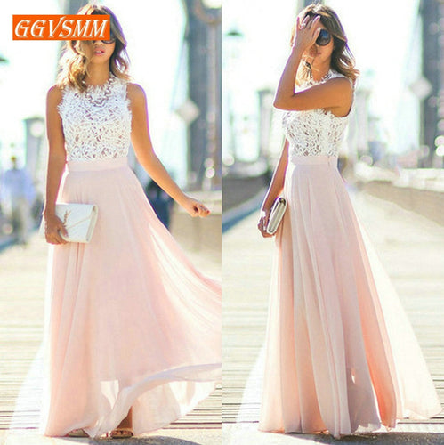 Stylish Pink Long Prom Dresses 2019 Cheap Prom Dress Women Real Photos O-Neck Chiffon Lace A-Line Banquet Evening Party Gown New