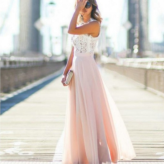 Stylish Pink Long Prom Dresses 2019 Cheap Prom Dress Women Real Photos O-Neck Chiffon Lace A-Line Banquet Evening Party Gown New