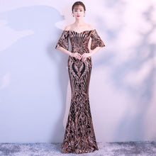Load image into Gallery viewer, New Flare Sleeve Black Gold Heavy Sequins Dress Boat Neck Formal Party Long Evening Dress