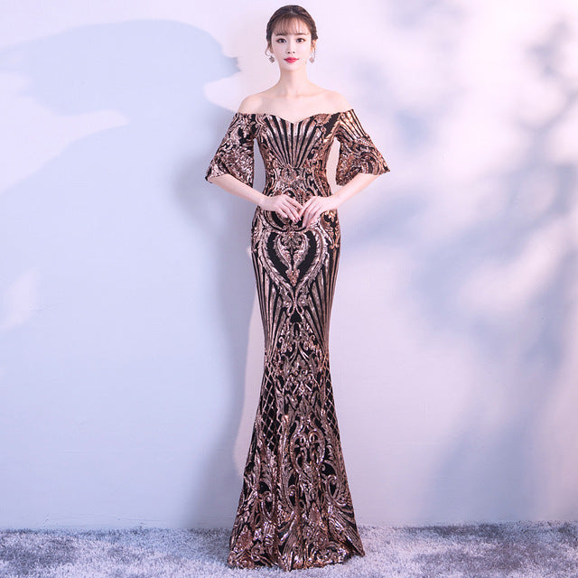 New Flare Sleeve Black Gold Heavy Sequins Dress Boat Neck Formal Party Long Evening Dress
