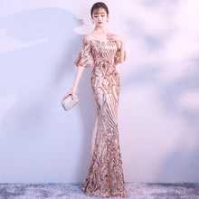 Load image into Gallery viewer, New Flare Sleeve Black Gold Heavy Sequins Dress Boat Neck Formal Party Long Evening Dress