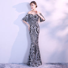 Load image into Gallery viewer, New Flare Sleeve Black Gold Heavy Sequins Dress Boat Neck Formal Party Long Evening Dress