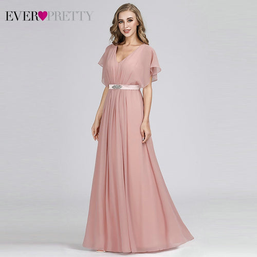 Prom Dresses 2020 Ever Pretty Pink V-neck Elegant Chiffon Short Sleeve Long Formal Party Dresses with Sashes vestido formatura