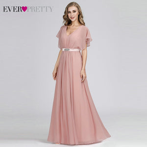 Prom Dresses 2020 Ever Pretty Pink V-neck Elegant Chiffon Short Sleeve Long Formal Party Dresses with Sashes vestido formatura