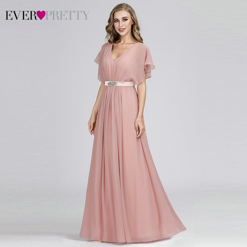 Prom Dresses 2020 Ever Pretty Pink V-neck Elegant Chiffon Short Sleeve Long Formal Party Dresses with Sashes vestido formatura