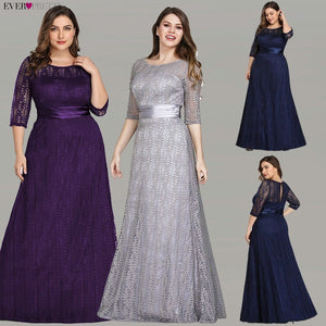 Elegant Plus Size Evening Dresses Long 2020 Ever Pretty EP08878GY A-line Lace Half Sleeve Grey Formal Party Gowns for Wedding