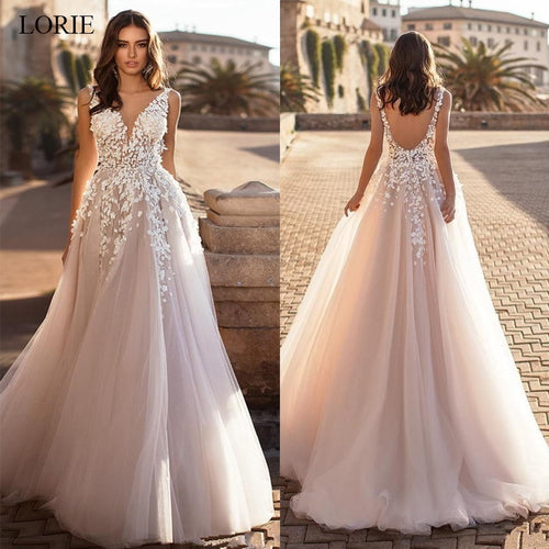 LORIE 2020 Graceful V Neck Beach Wedding Dresses Backless 3D Floral Appliqued Lace Bridal Gowns Tulle vestido de novia Plus size