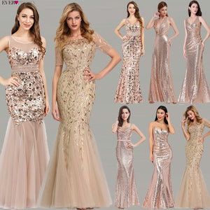 Plus Size Gold Sequined Evening Dresses Ever Pretty Mermaid V-Neck Elegant Women Formal Party Long Dresses Abendkleider 2020