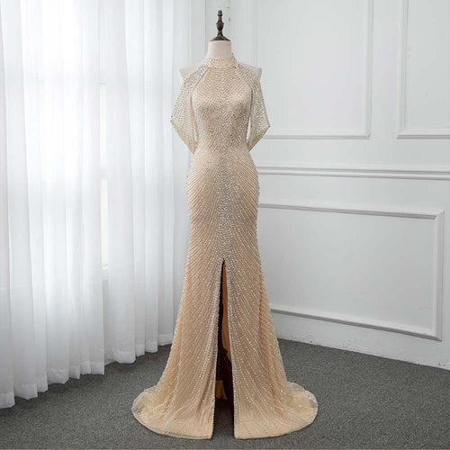 Luxury Gold Long Crystals Beading Evening Dress Mermaid Evening Gown Formal Women Dresses YQLNNE