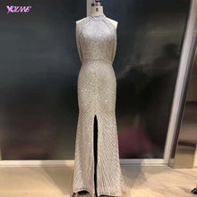 Load image into Gallery viewer, Luxury Gold Long Crystals Beading Evening Dress Mermaid Evening Gown Formal Women Dresses YQLNNE