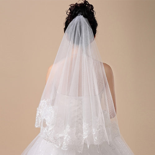 150cm Women Bridal Short Wedding Veil White One Layer Lace Flower Edge Appliques