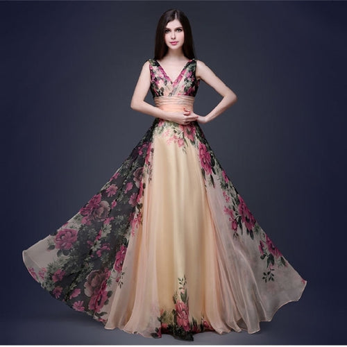 Vestidos De Fiesta Vintage Bridesmaid Dresses Elegant A Line V Neck Long Chiffon Foral Print Wedding Party Gowns Robe De Soiree