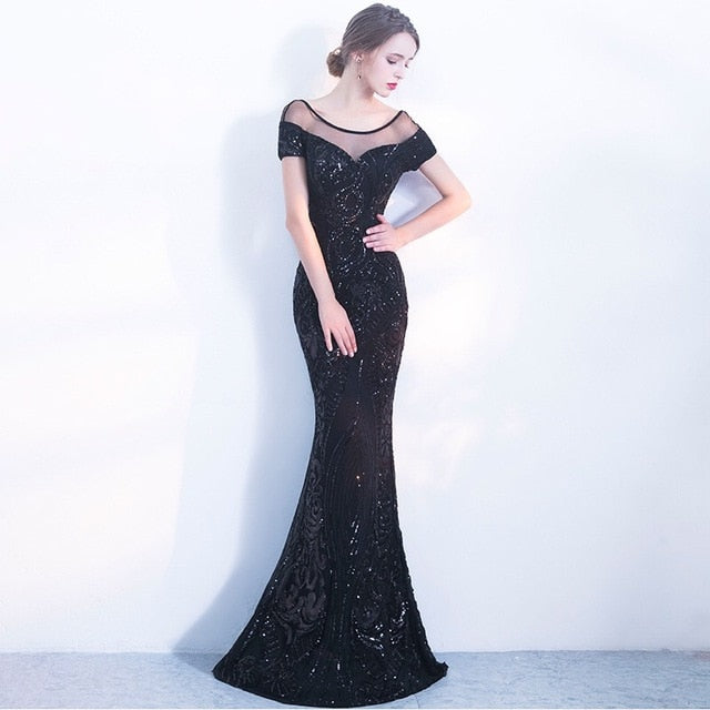 Robe De Soiree Elegant Backless Long Evening Dresses Simple Black Sequins Evening Party Dress