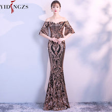Load image into Gallery viewer, New Flare Sleeve Black Gold Heavy Sequins Dress Boat Neck Formal Party Long Evening Dress