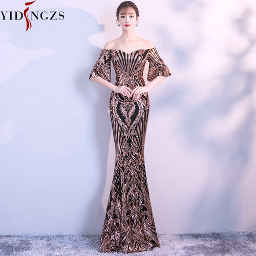 New Flare Sleeve Black Gold Heavy Sequins Dress Boat Neck Formal Party Long Evening Dress