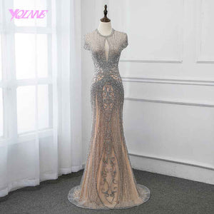 New Collection 2020 Glitter Silver Rhinestones Long Evening Dresses Elegant Nude Tulle Pageant Dress Women Gown Vestidos YQLNNE