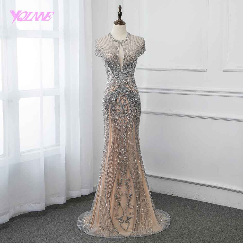 New Collection 2020 Glitter Silver Rhinestones Long Evening Dresses Elegant Nude Tulle Pageant Dress Women Gown Vestidos YQLNNE